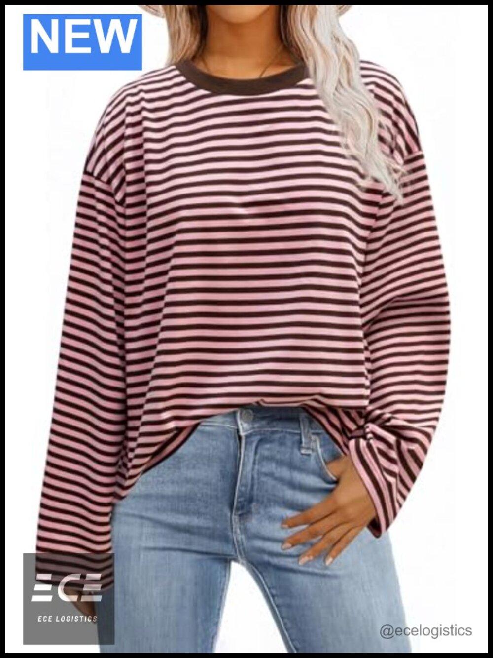 Oversized Striped Long Sleeve Crewneck Sweatshirt Loose Pullover Tunic Top